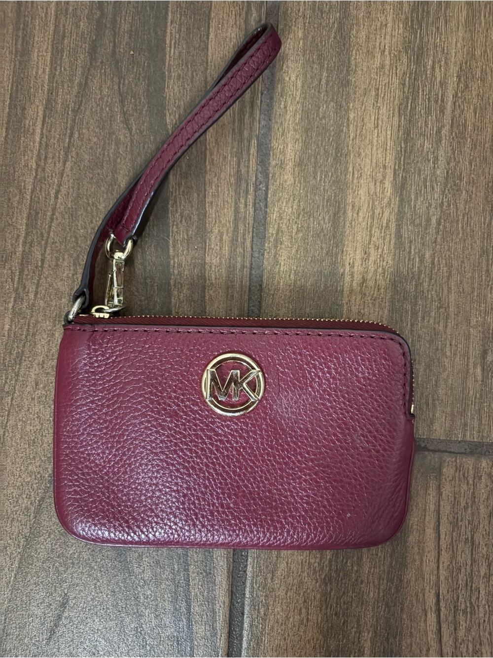 Michael Kors Maroon Leather Wristlet with Gold MK Logo